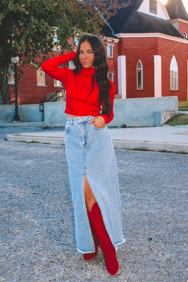 Dillon Middle Slit Denim Maxi Skirt – Indi Wild