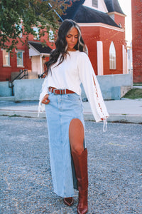 Woodland Side Slit Denim Maxi Skirt