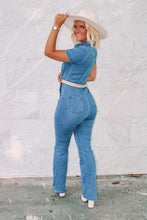 Load image into Gallery viewer, Holstein Belted Denim Flare Jumpsuit
