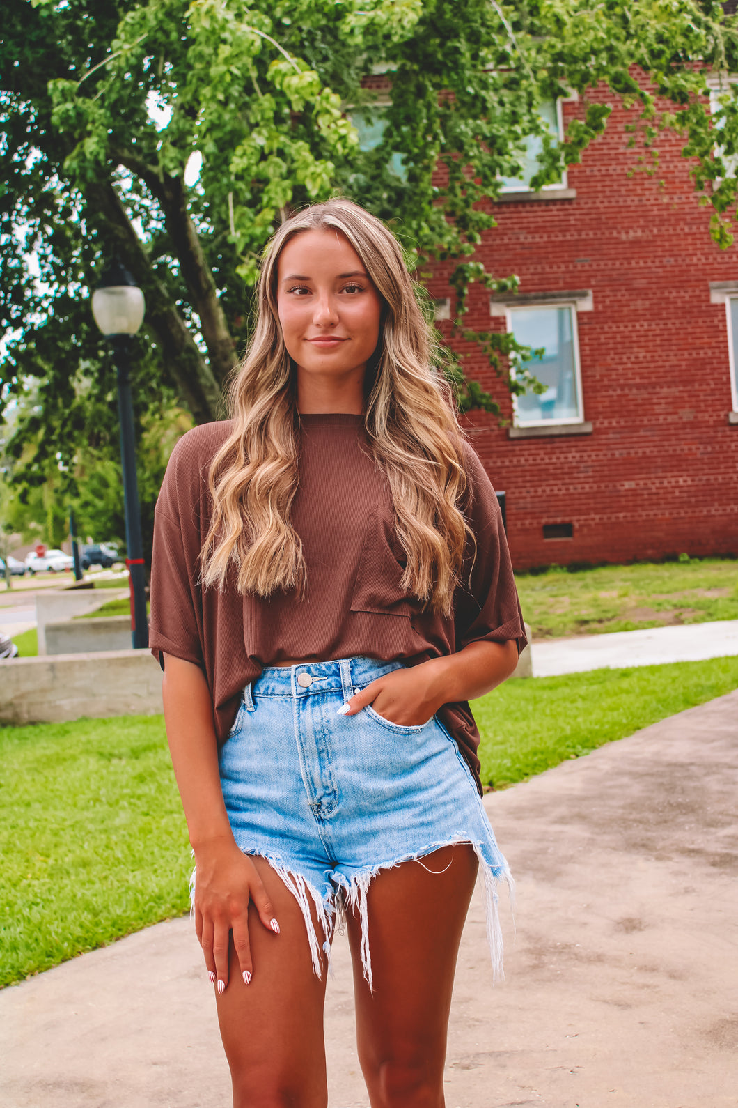 Brownie Batter Oversize Pocket Tee - Brown