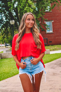 Red Velvet Oversize Pocket Tee - Red