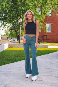 Crossover High Waist Flared Leggings - Olive