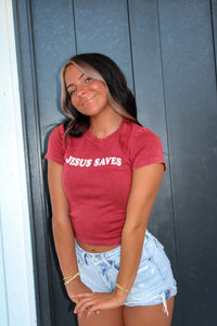 JESUS SAVES Cropped Tee - Burgundy