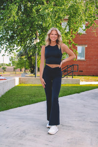 Crossover High Waist Flared Leggings - Black