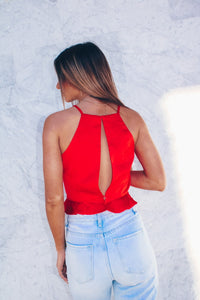 XO Lace Trim Open Back Top - Red